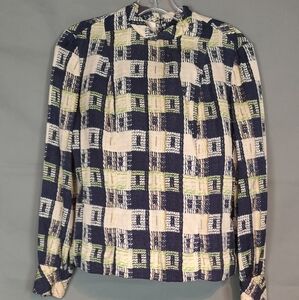 Vintage Classic Navy Blue Green 60s plaid silk Printed long sleeve blouse